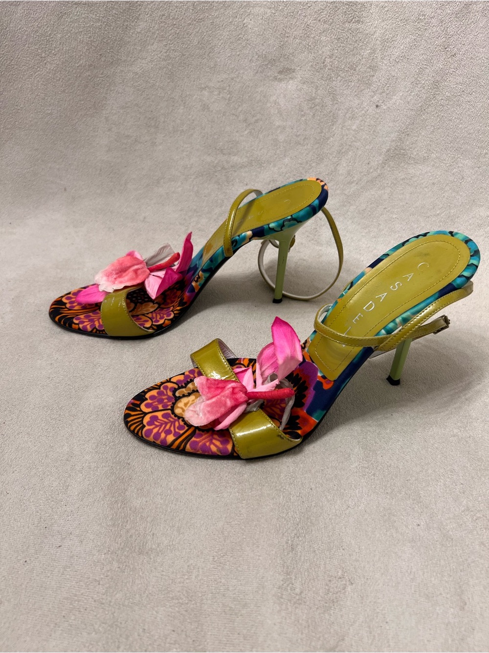 Casedei Vibrant Floral Pink Bow Heeled Sandals - Green Accents